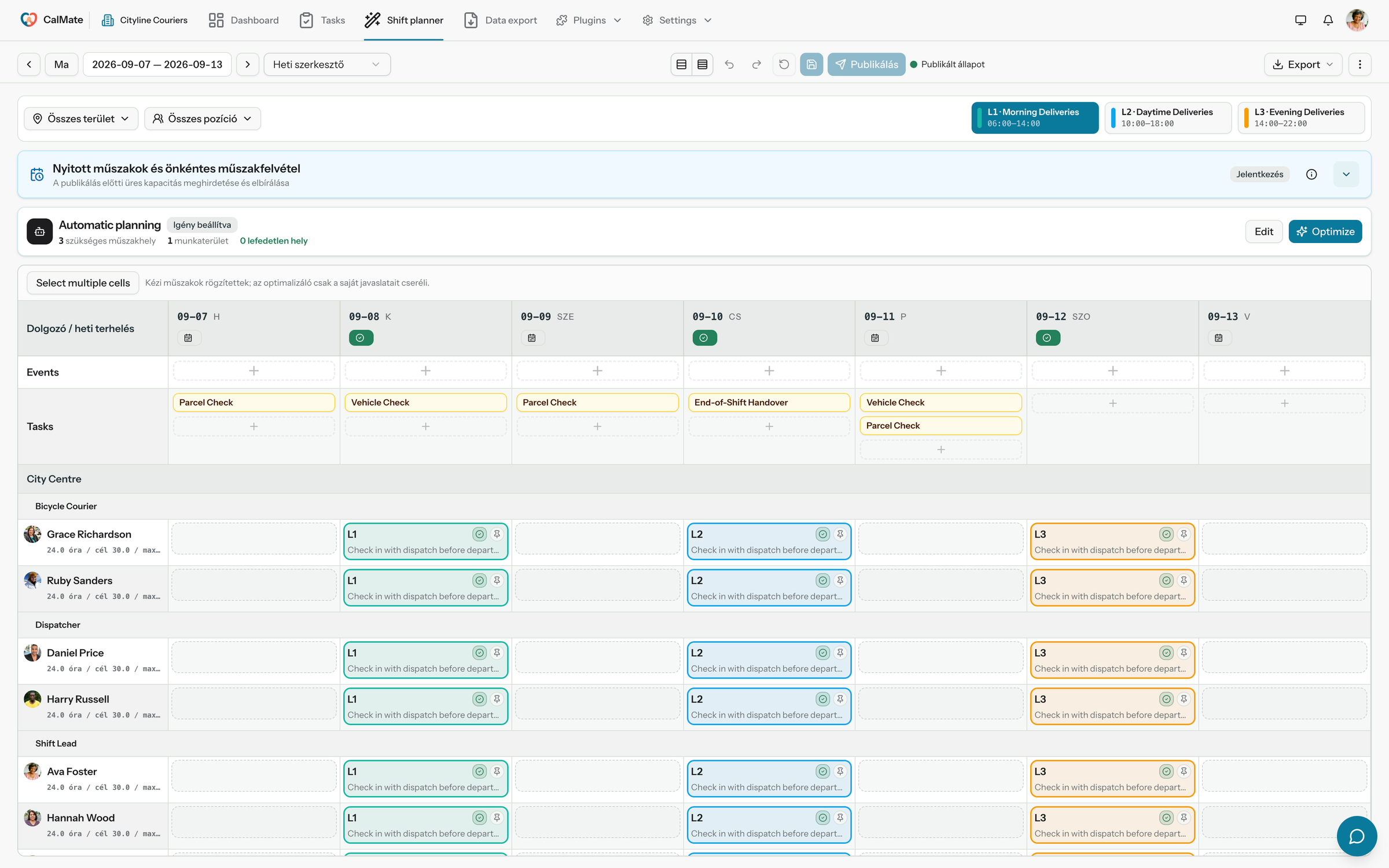 The CalMate web shift planner with test-workplace data