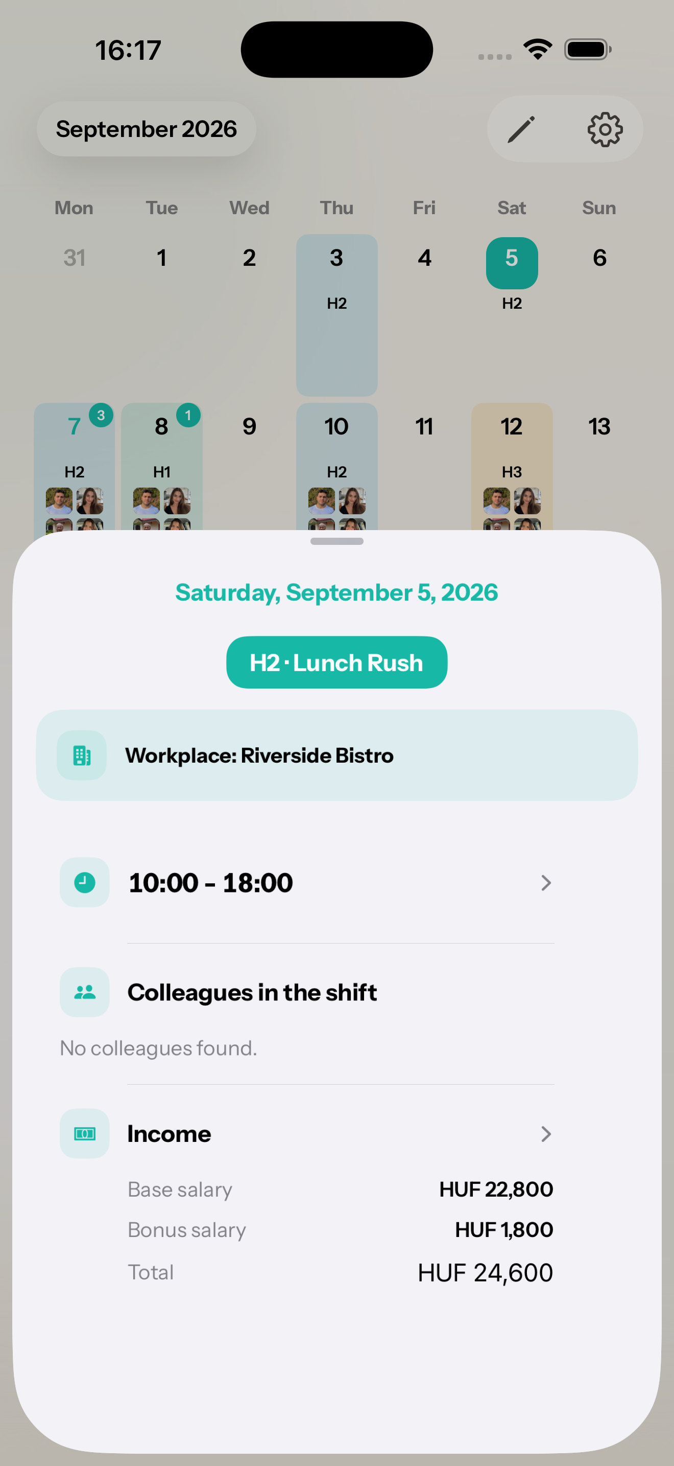 The CalMate mobile shift calendar and details for a selected working day
