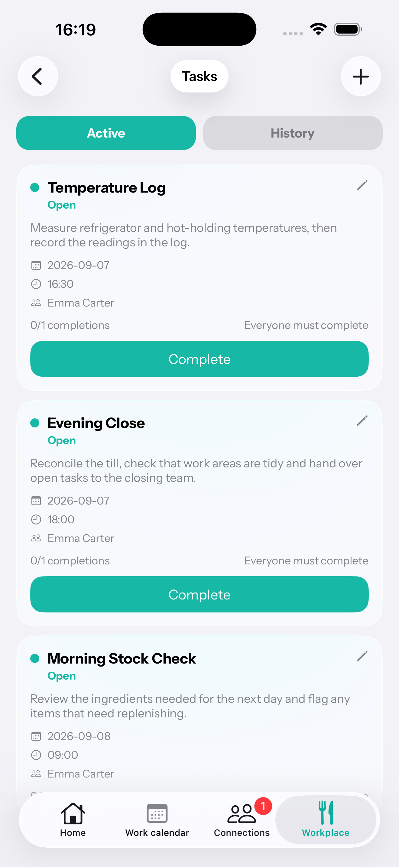 The CalMate workplace task list with deadlines and completion status
