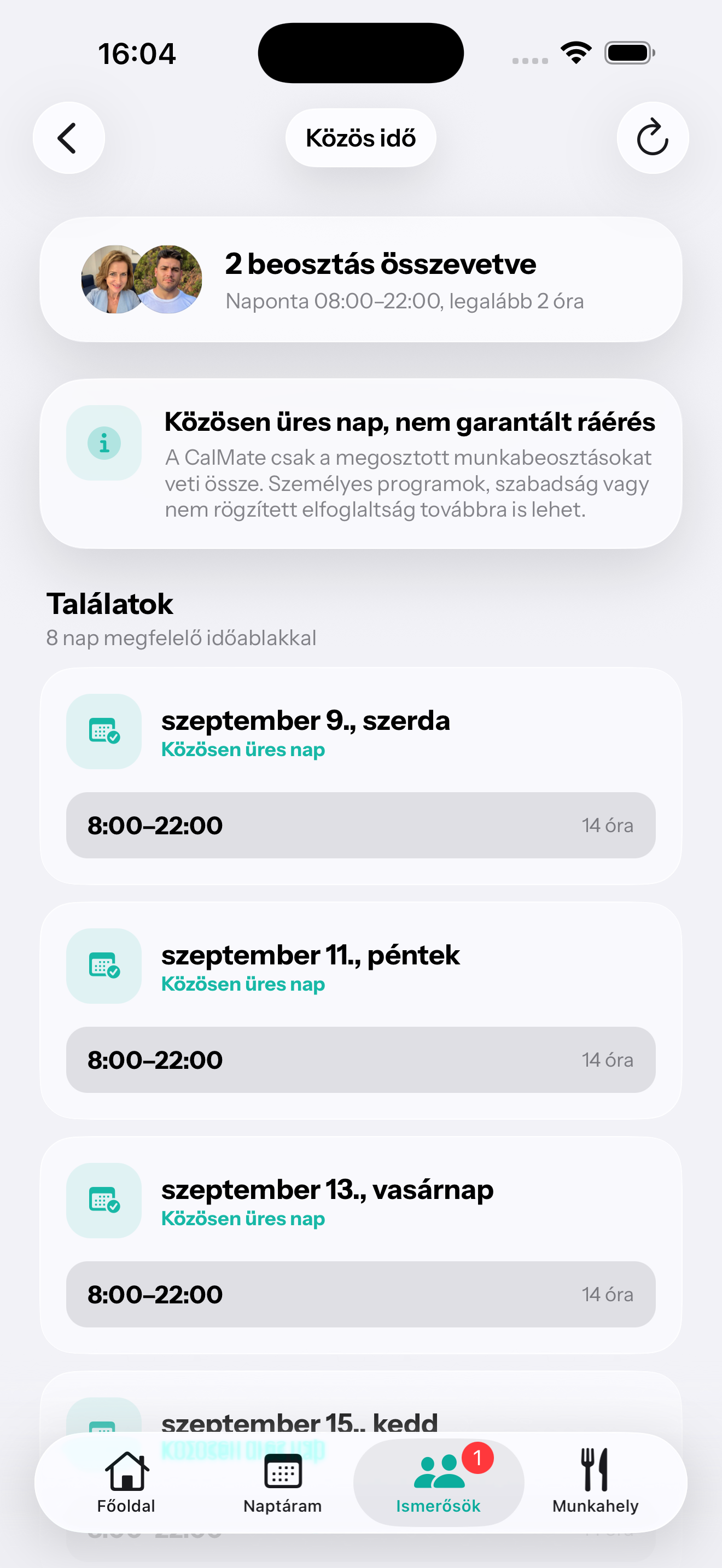 A CalMate közösidő-keresője a kiválasztott ismerősökkel