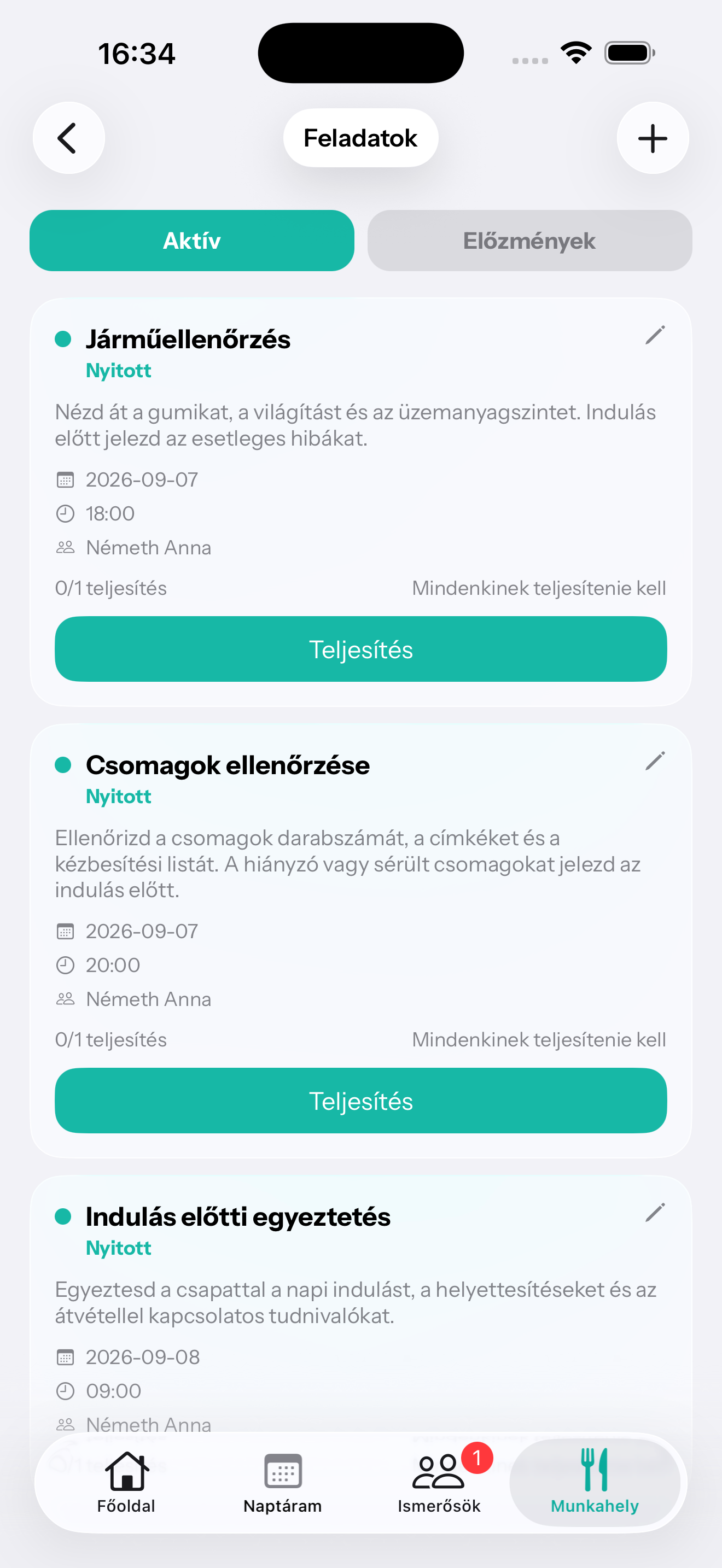 A CalMate feladatlistája határidőkkel és teljesítési állapottal