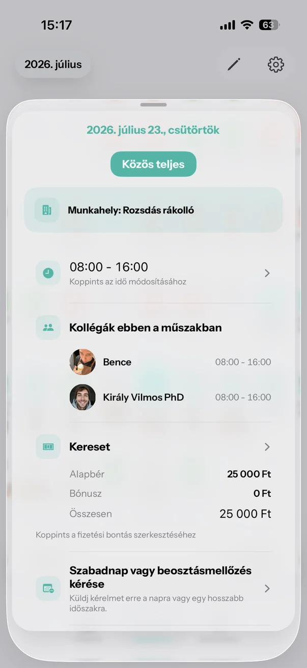 CalMate shift details with colleagues and an earnings breakdown