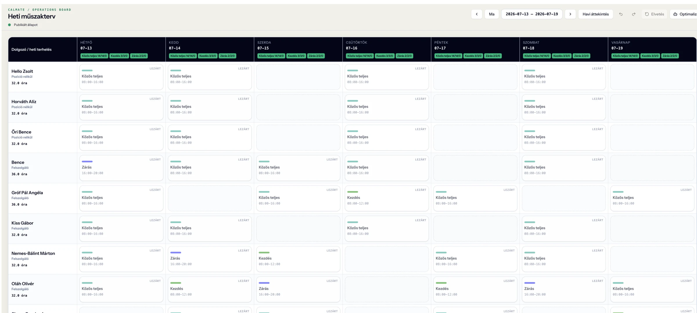 CalMate weekly shift planner with team workload and shared shifts